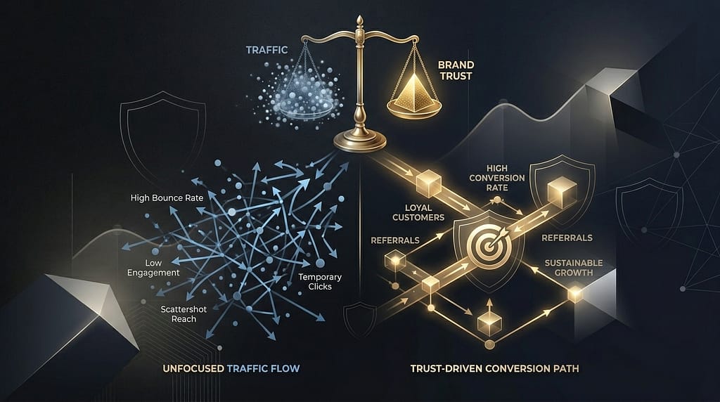 Alt text: An infographic showing a scale balancing traffic and brand trust. Left: chaotic lines symbolize unfocused traffic; right: arrows, boxes, and targets depict a trust-driven conversion path emphasizing loyal customers and growth.