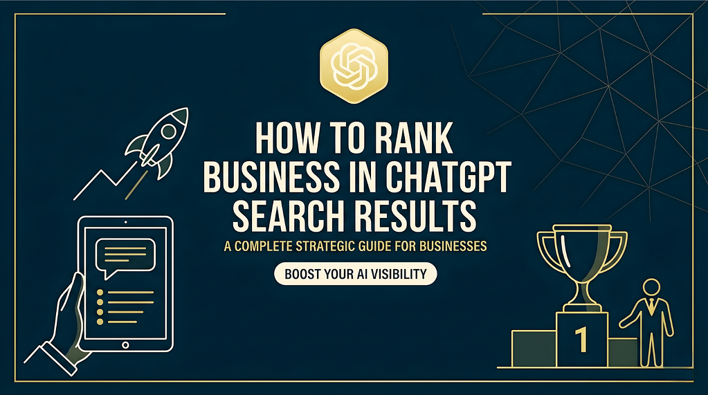 Alt text: "Promotional graphic with ChatGPT logo, a rocket, a tablet, and a trophy. Text reads: 'How to Rank Business in ChatGPT Search Results - A Complete Strategic Guide for Businesses. Boost Your AI Visibility.'"