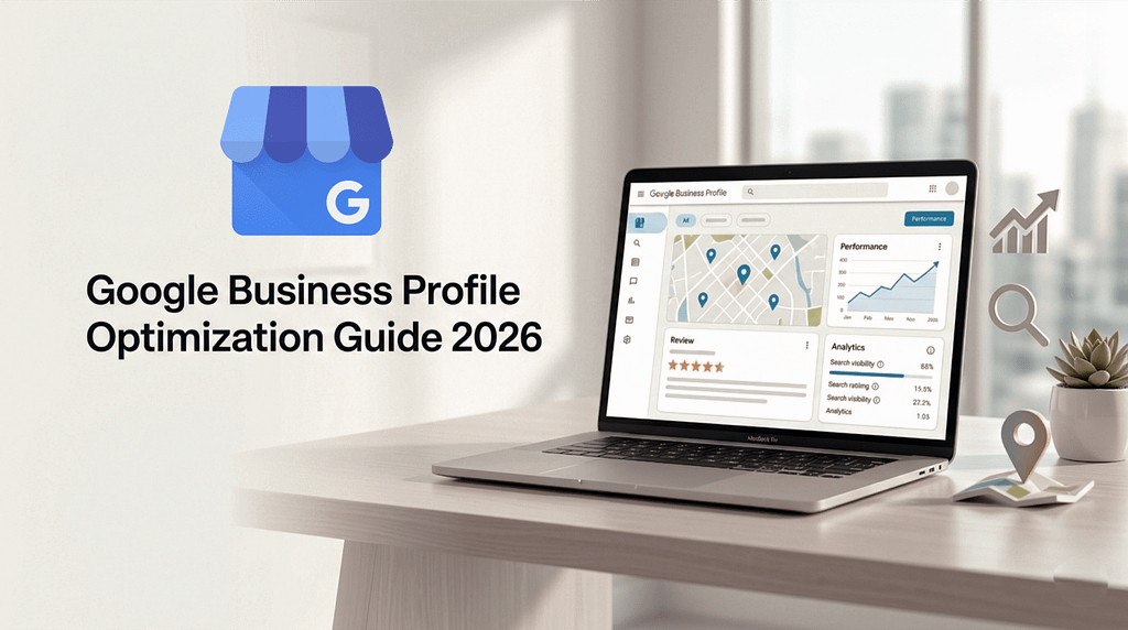 Alt text: "Laptop displaying Google Business Profile analytics on a desk, with text 'Google Business Profile Optimization Guide 2026' and related icons nearby."