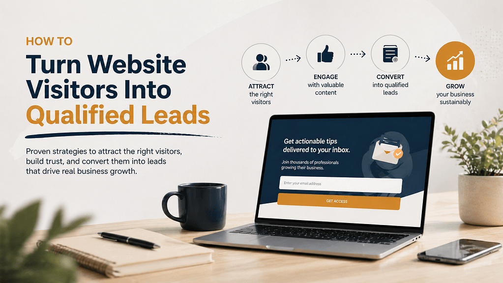 Alt text: "Infographic on a desk with a laptop and coffee cup illustrates steps to turn website visitors into qualified leads. Keywords: Attract, Engage, Convert, Grow. Text on screen offers actionable tips for business growth. The tone is professional and motivational."