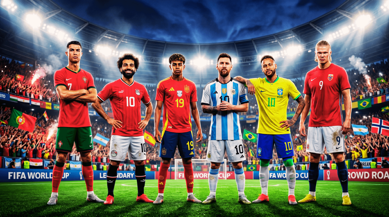Six soccer players from different countries stand confidently in a stadium, wearing their national team jerseys. The crowd in the background cheers with flags. In Fifa World Cup 2026