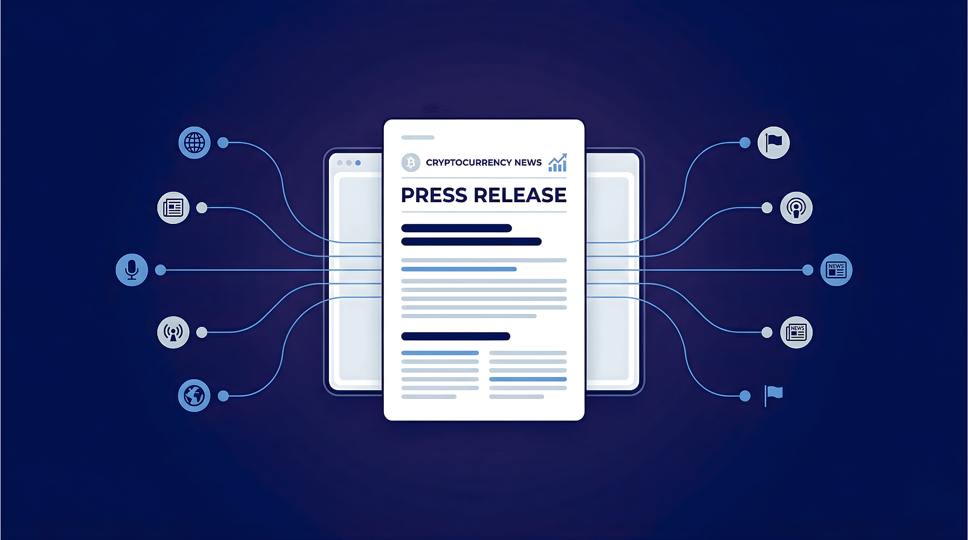 An illustrated press release labeled "Cryptocurrency PR" is centered on a blue digital background. Connected icons represent global communication themes.